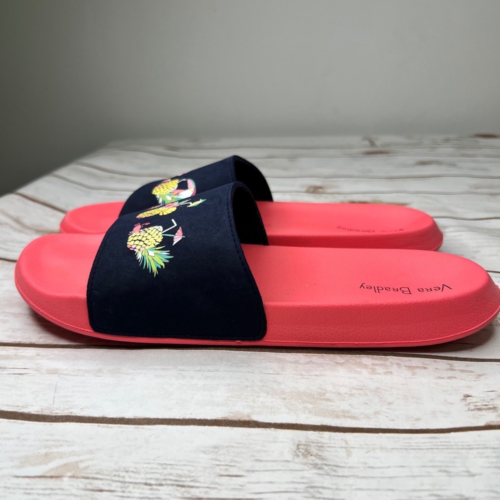 Vera Bradley‎ Slide Sandals Pink Navy Tropical Pineapple Toucan Size L 9-10